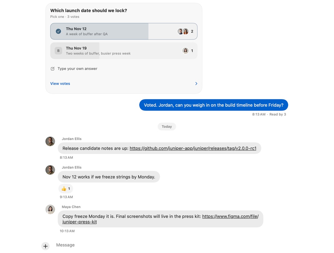 The Launch plan conversation in the Mac app, in light mode, with the agent’s vote card and replies from the team.