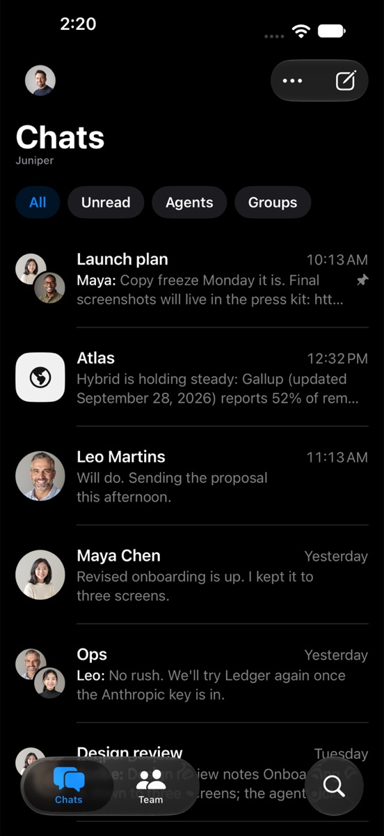 The Chats list in HopChat on iPhone: a pinned Launch plan group, the Atlas research agent with its square icon, and direct messages with teammates.