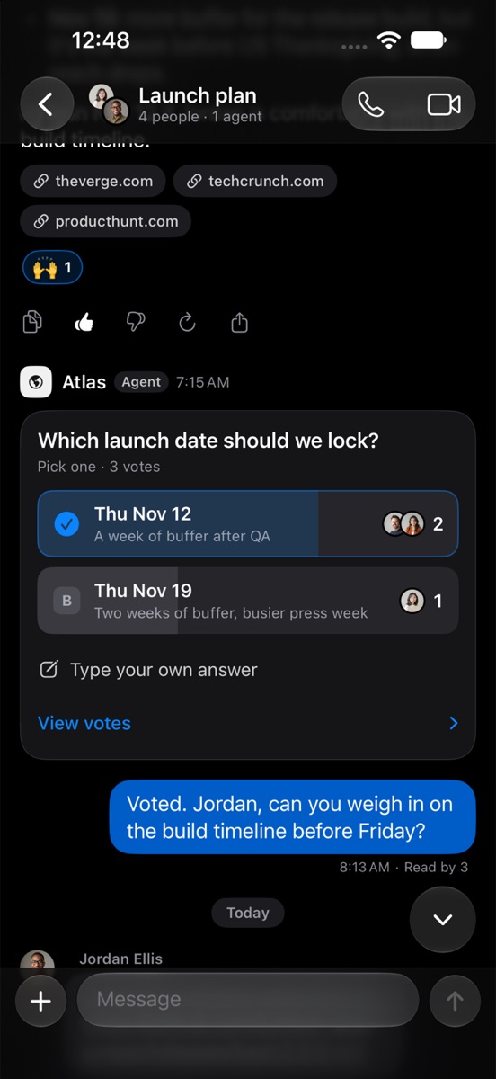 A question card from the Atlas agent in the Launch plan group: “Which launch date should we lock?” with live vote counts and voter avatars for two dates.